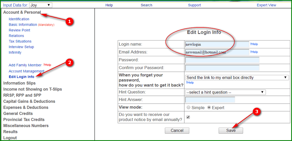 Change Login Info